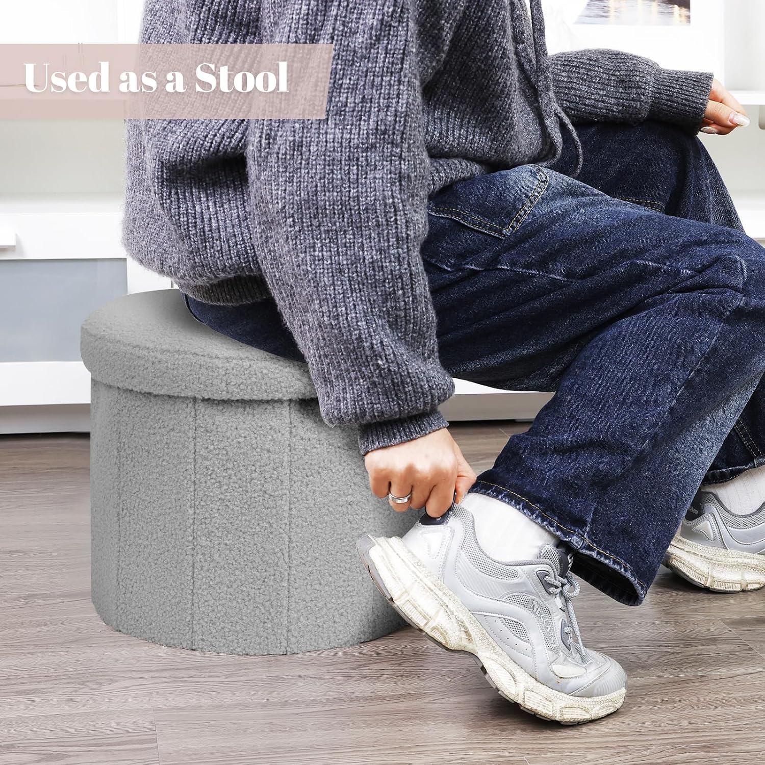 BoxedHome Dorm Room Storage Round Cute Ottoman with Storage Boucle Foot Stool Footrest for Lving Room, Support 220lbs, Gray 15"x15"x12.6"
