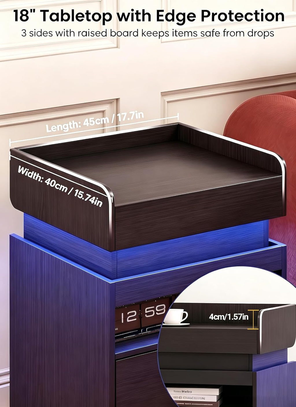 Turosur Black Nightstands Set of 2 with Charging Station and LED Lights, Modern Beside Table with USB and Type-C Port for Bedroom