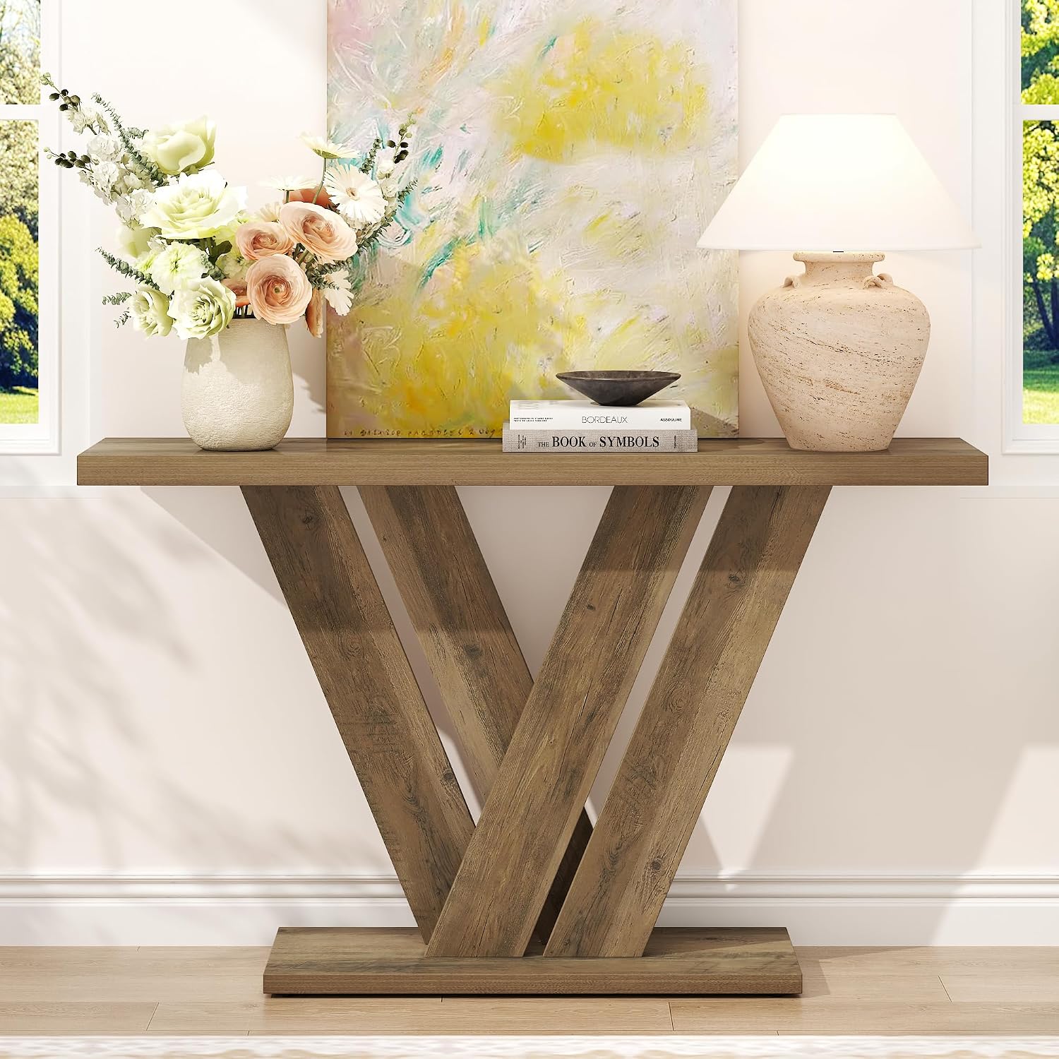 karlott 51 Inch Console Table, Modern Entryway Table with V-Shaped, Wood Sofa Table Behind Couch Table, Entryway Console Table for Living Room, Hallway, Entrance, Foyer, Easy Assembly