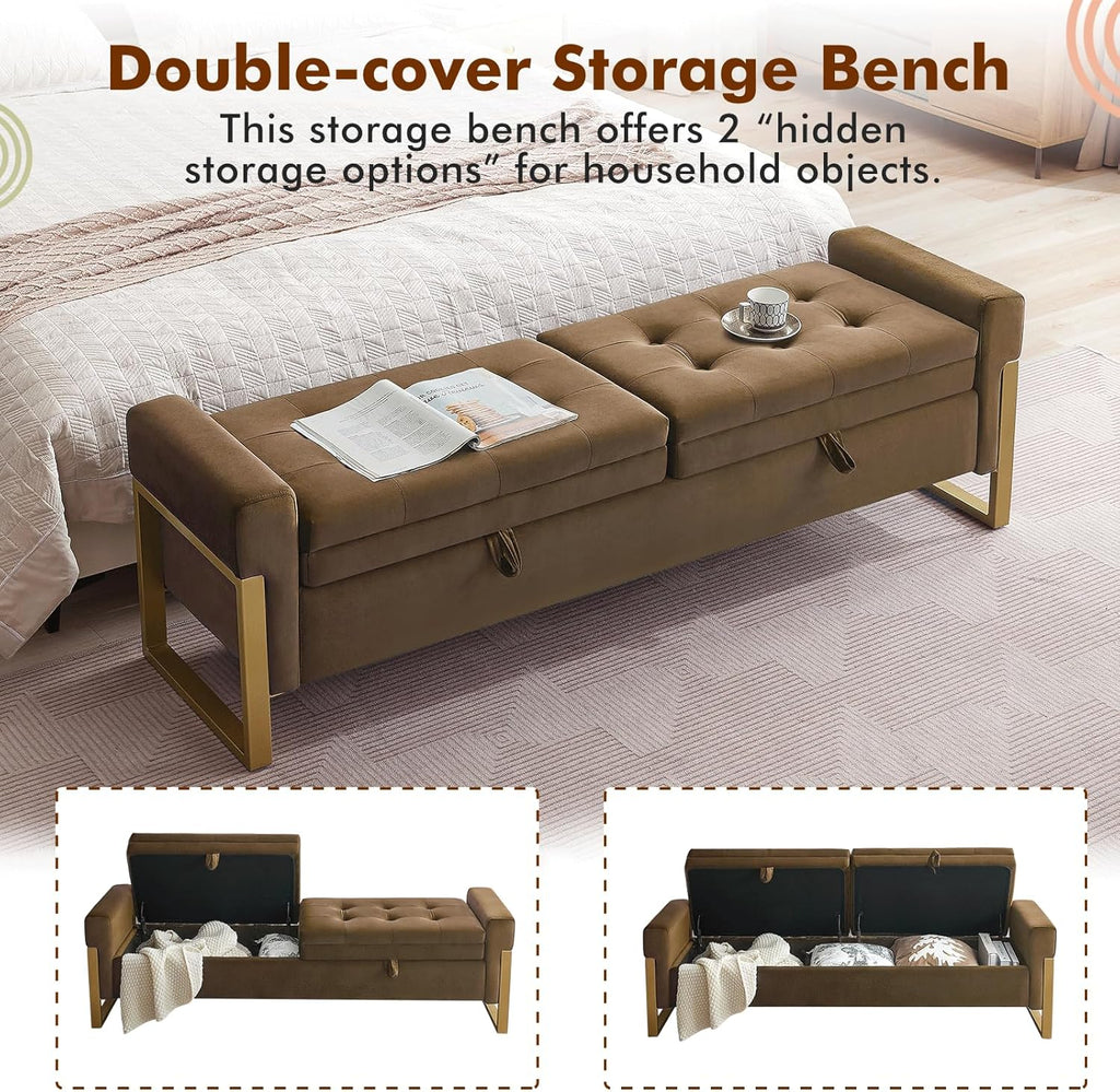 67" End of Bed Bench King Size, Velvet Storage Bench for Bedroom Foot of Bed, Double Lids Storage Bench with Golden Legs, Upholstered Ottoman Bench for Living Room Window Entryway, Brown