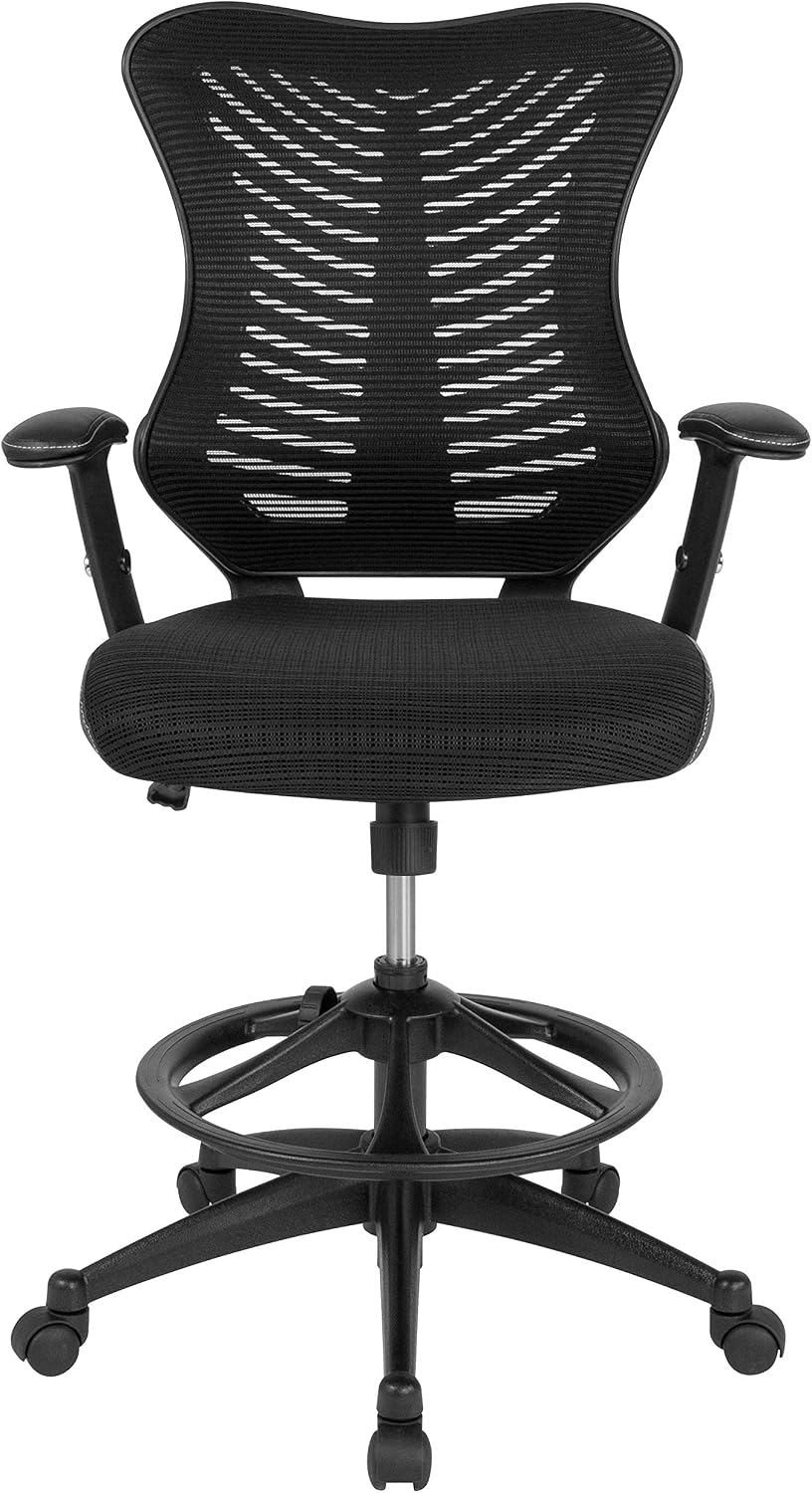 Flash Furniture Waylon High Back Designer Black Mesh Drafting Chair with LeatherSoft Sides and Adjustable Arms