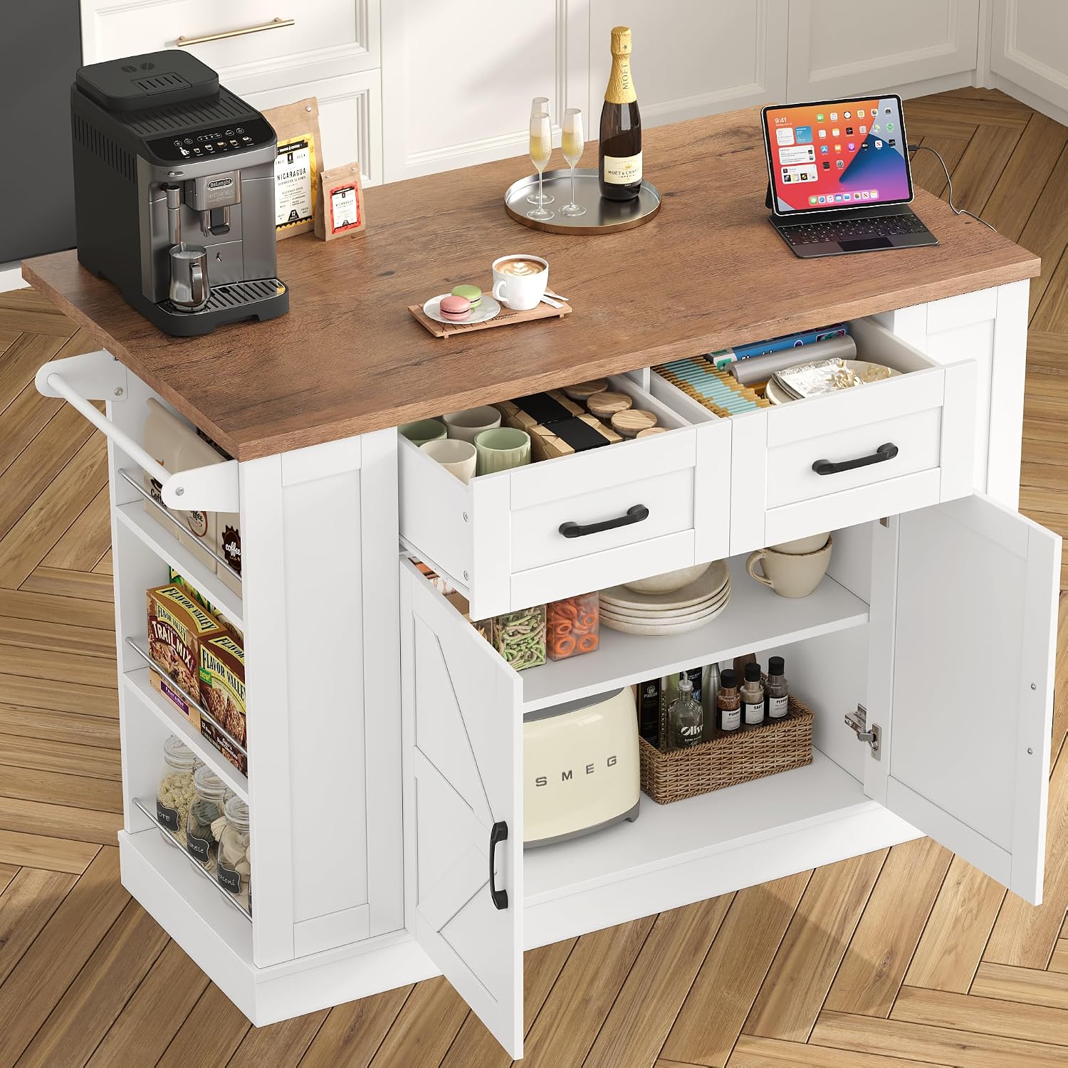 Keyluv Kitchen Storage Island with 2 Stools, 51.2” Mobile Kitchen Cart with Drop Leaf & Power Outlet, Rolling Island Table Dining Room Buffet with 2 Drawers & Side Storage Rack &Towel Rack, White
