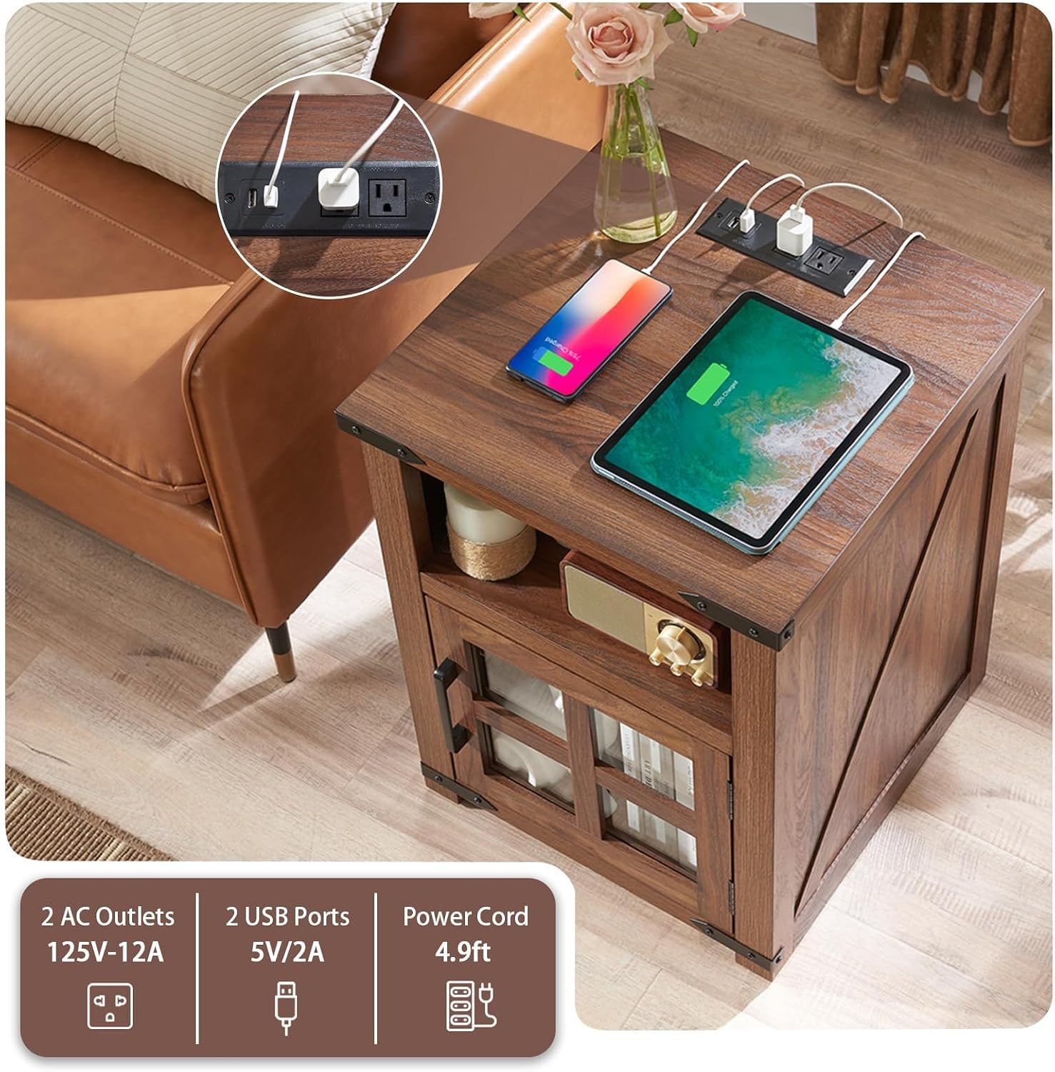 Barnyatoh Farmhouse Nightstand Set of 2 with Charging Station & Glass Door | 18" Night Stand, Rustic End Table,Wood Sofa Side Bedside Table with Open Storage Shelf for Living Room, Bedroom,Walnut