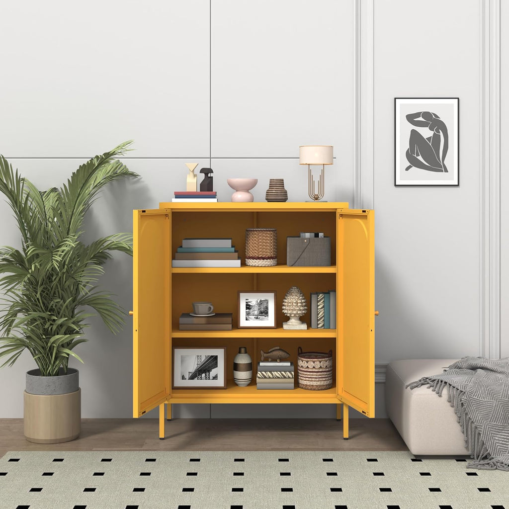 36" H Metal Sideboard Buffet Cabinet with Lockable Doors, Arched Door Design, 2 Adjustable Shelves, Cold-Rolled Steel Accent Storage Cabinet for Entryway, Living Room, Hallway Yellow