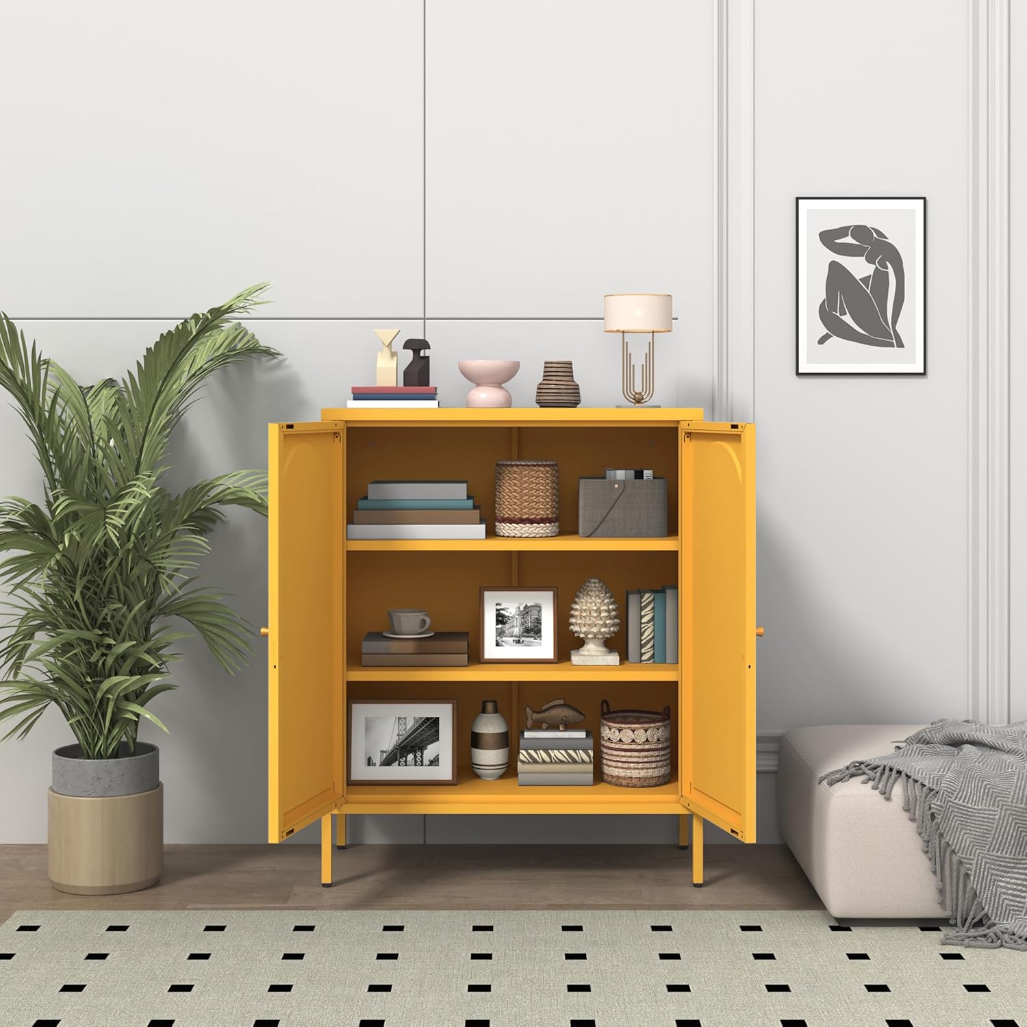 36" H Metal Sideboard Buffet Cabinet with Lockable Doors, Arched Door Design, 2 Adjustable Shelves, Cold-Rolled Steel Accent Storage Cabinet for Entryway, Living Room, Hallway Yellow