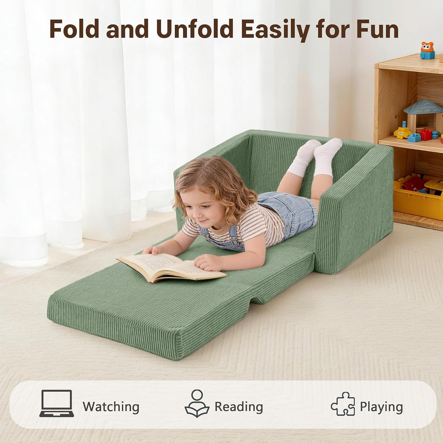 Bubble Ball Comfy Kids Couch and Chsir, 2-in-1 Convertible Sofa Chair, Soft Fold Out Couch for Reading, Playroom, Kids Couch for Boys & Girls, Green
