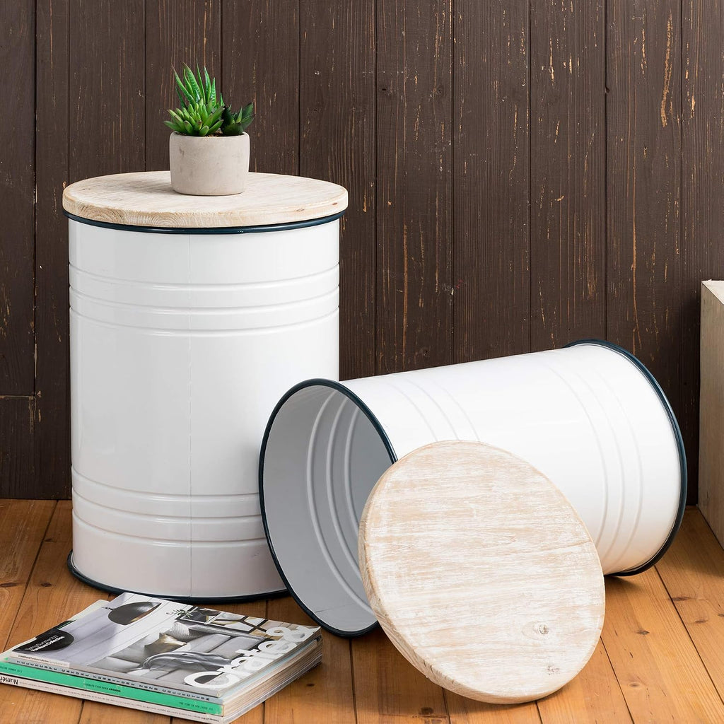Glitzhome Nesting Tables for Living Room, Round Coffee Tables Set of 2, Metal Farmhouse Small Accent End Table with Storage and Lid for Bedroom Office Plant Stander, White