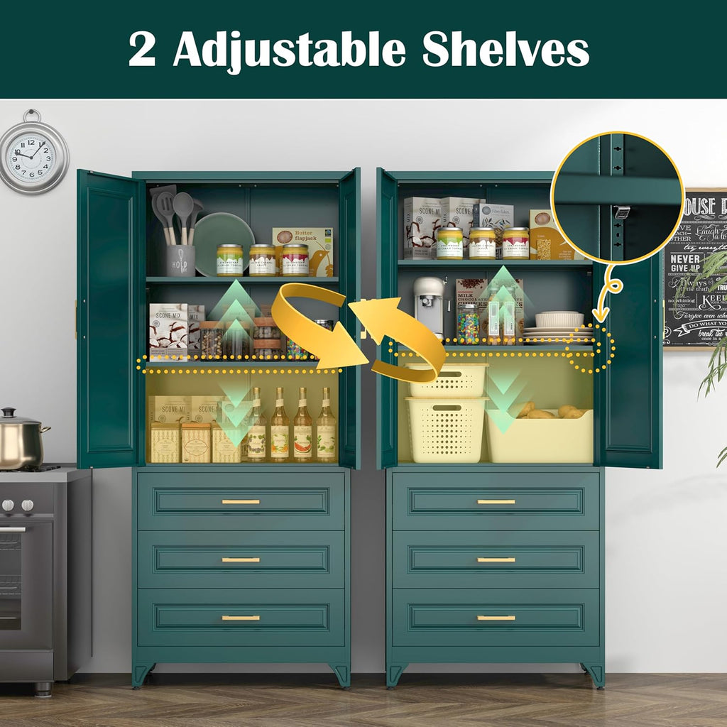 SteeLoong 75" Kitchen Pantry Cabinet with 3 Drawer,Metal Storage Cabinets with Doors and 2 Adjustable Shelves,Green Kitchen Cabinet with 2 Gold Handles,Food Cupboard for Livingroom,Pantry, Bathroom