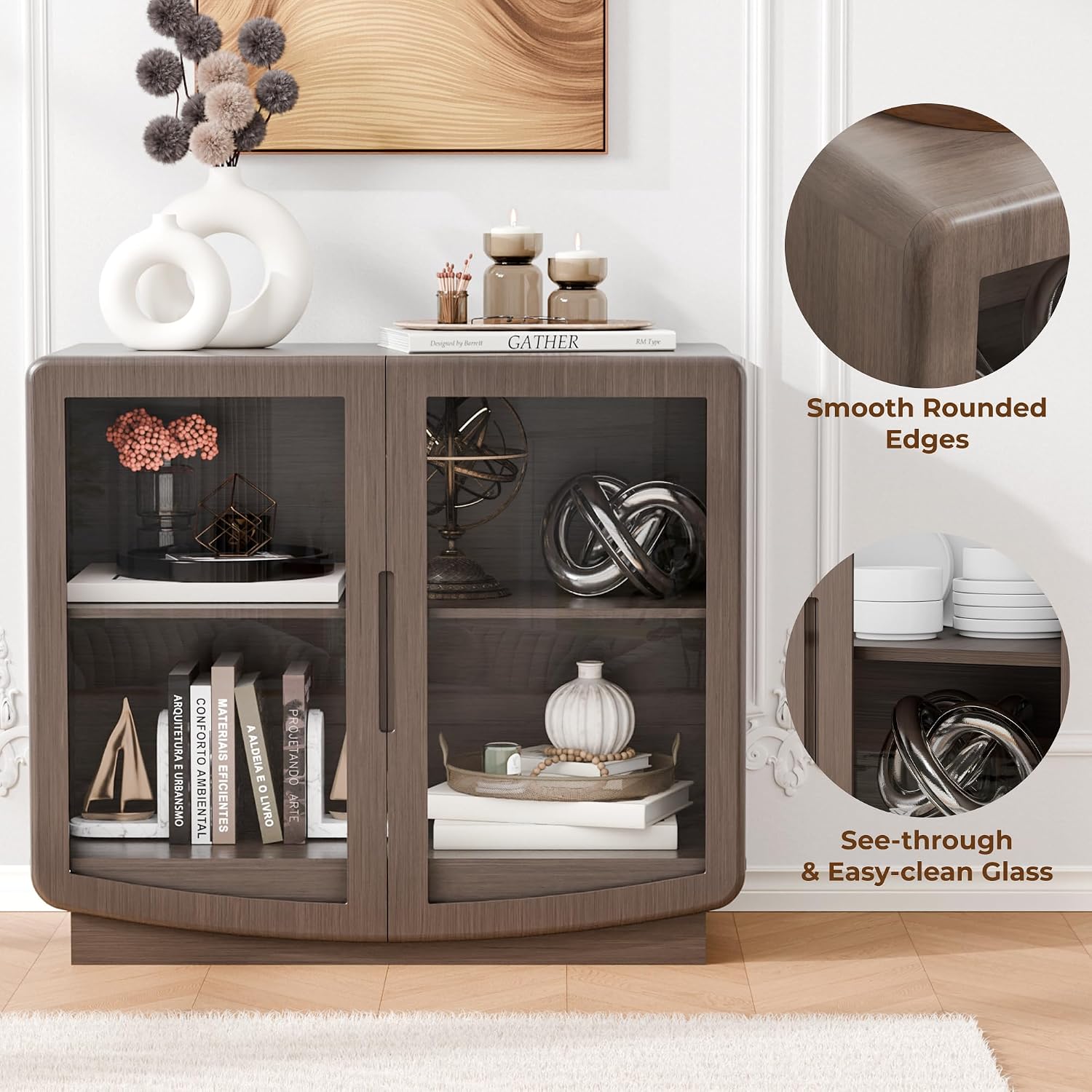 35" Sideboard Buffet Cabinet with Storage, Walnut Glass 2-Door Cabinet with Shelves, Modern Coffee Bar Credenza for Entryway, Kitchen & Living Room