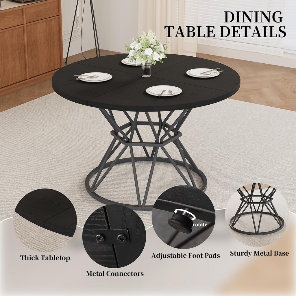 HIPIHOM 47.24" Round Dining Table Set for 4, 5 Piece Dining Room Table Set, Circle Kitchen Table and Chairs for Dining Room, Living Room, Kitchen, Apartment(Black Table + 4 Black Faux Leather Chairs)