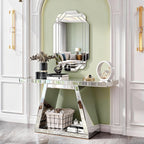 55.9" Full Body Mirror Entryway Table with Trapezoid Base 360° Reflective Console Table, Sturdy Wooden Frame, Scratch Resistant Open Storage for Hallway, Living Room, Staircase