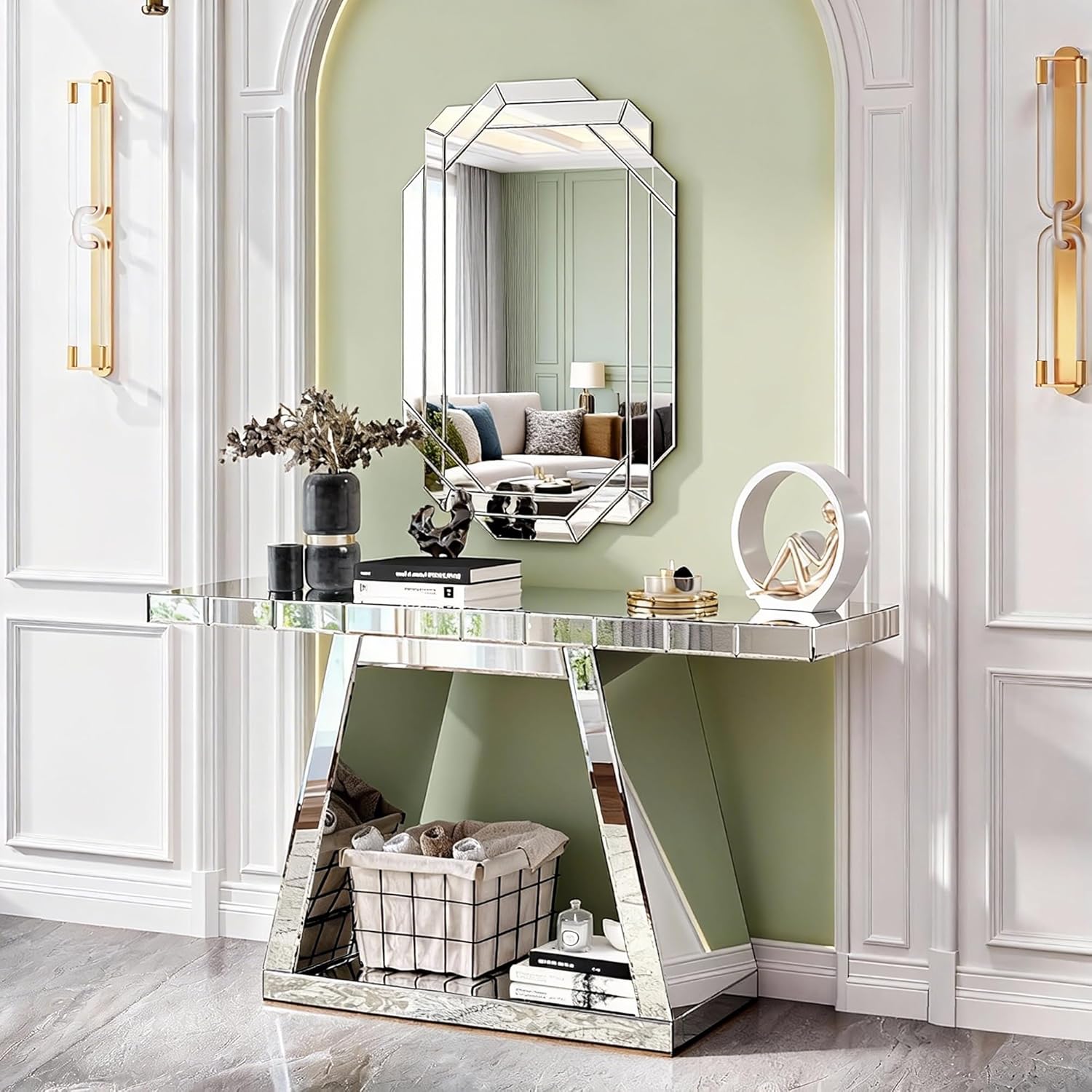 55.9" Full Body Mirror Entryway Table with Trapezoid Base 360° Reflective Console Table, Sturdy Wooden Frame, Scratch Resistant Open Storage for Hallway, Living Room, Staircase