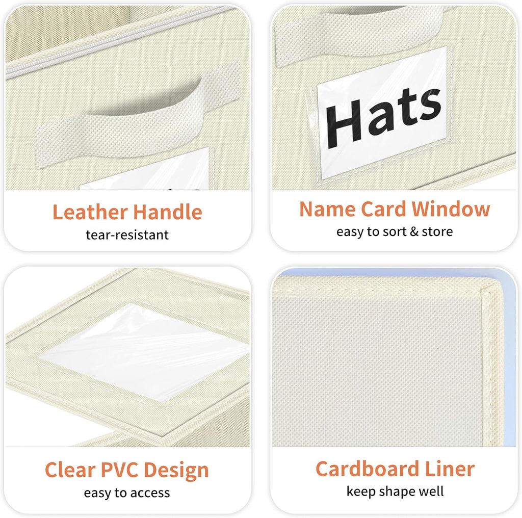 Aokeyee Hat Organizer for Baseball Caps - 2PCS Stackable Storage with Clear Window Lid, Flip-Top Access, Space-Saving Hat Box for Closet, Breathable Fabric (beige)