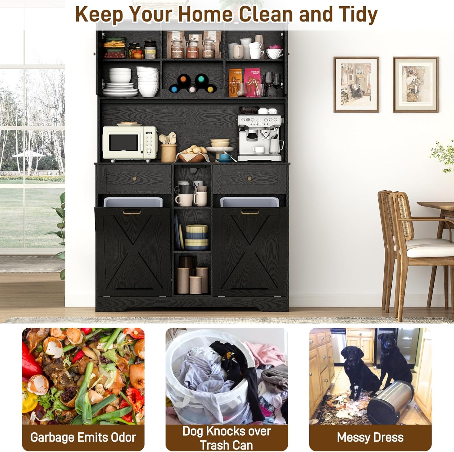 71" Tall 47"Wide Kitchen Pantry Storage Cabinet with Power Outlets,Farmhouse Kitchen Double Tilt Out Trash Cabinet 10X2 Gallon Garbage Holder with Two Drawers,Freestand Laundry Sort Cabinets(Black)