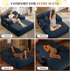 Boneless Chaise Lounge Chair Indoor, 60" Oversized Sleeper Couches W/Foldable Armrest Cloud Corduroy Upholstered Reading Chairs Floor Sofa Bed for Living Room No Assembly, Blue