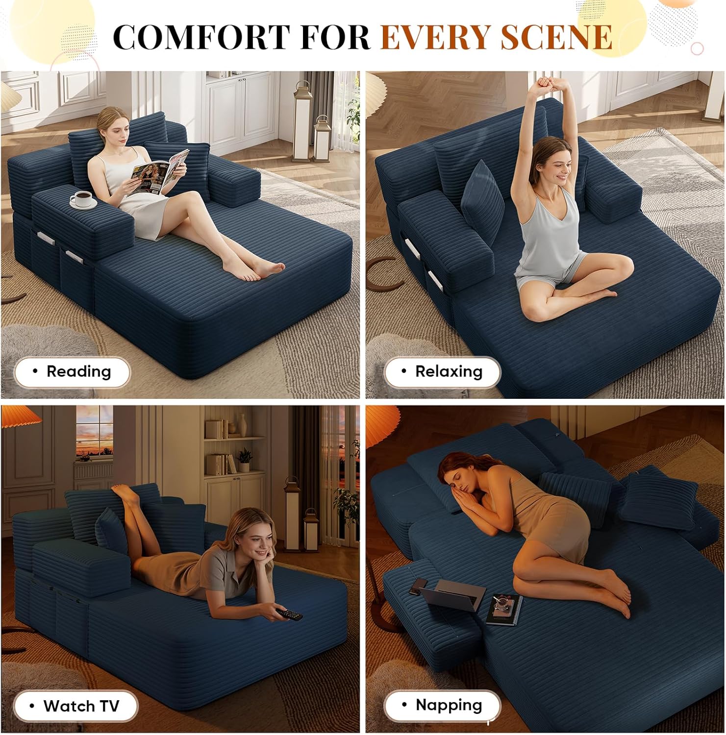 Boneless Chaise Lounge Chair Indoor, 60" Oversized Sleeper Couches W/Foldable Armrest Cloud Corduroy Upholstered Reading Chairs Floor Sofa Bed for Living Room No Assembly, Blue