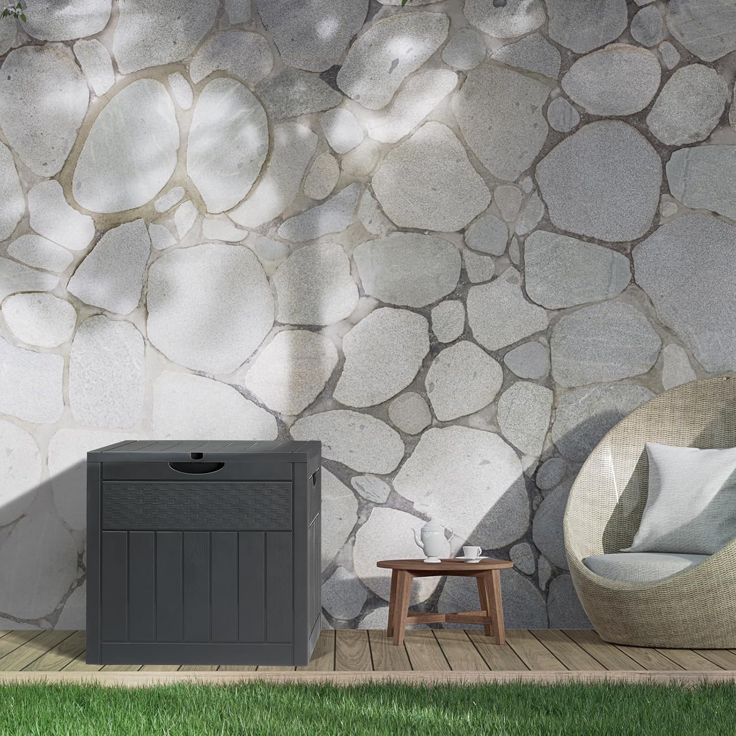 Dark Gray 33 Gal Wood & Rattan Plastic Storage Bench, Outdoor Deck Box, Patio Storage Box for Garden Cushions Tools, Garden Tool Storage Pool Accessory Holder Cushions Lid Side Table Function