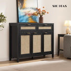 SICOTAS Rattan Sideboard Buffet Cabinet with Storage, Boho Credenza Accent Cabinet with 3 Doors and 2 Drawers, Farmhouse Console Coffee Bar Cabinets for Living Room Kitchen Entryway, Black Oak, 2 PCS