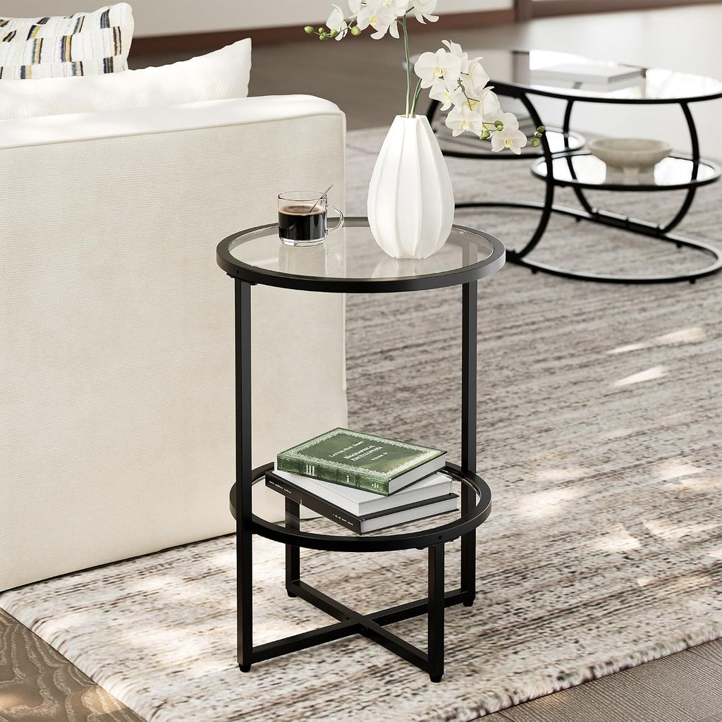Cozy Castle End Tables Set of 2 for Living Room, Round Tempered Glass Side Tables with 2-Tier Storage Shelf, Modern Metal End Table for Couch, Bedroom, Apartment, Black