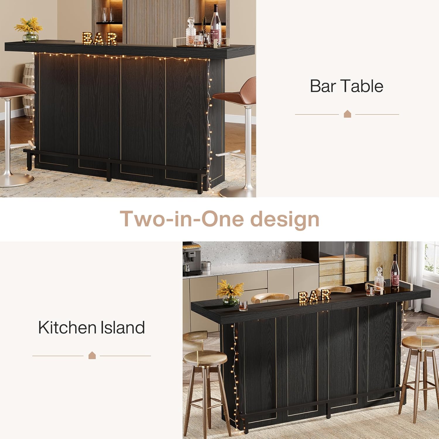 Tribesigns 70.9" Extra Large Bar Table, 4-Tier Storage Home Bar with Wine Glass Rack & Footrest, 2-in-1 Kitchen Island & Pub Table, Wooden Bar Unit for Kitchen, Living Room, Party