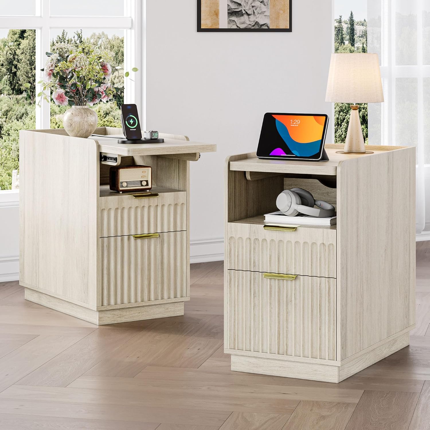 iPormis Fluted End Table Set of 2 with Charging Station, 2 Drawers Narrow Side Table for Living Room, Farmhouse Night Stand with with Open Shelf, Wooden Bedside Table for Bedroom Small Space, Natural