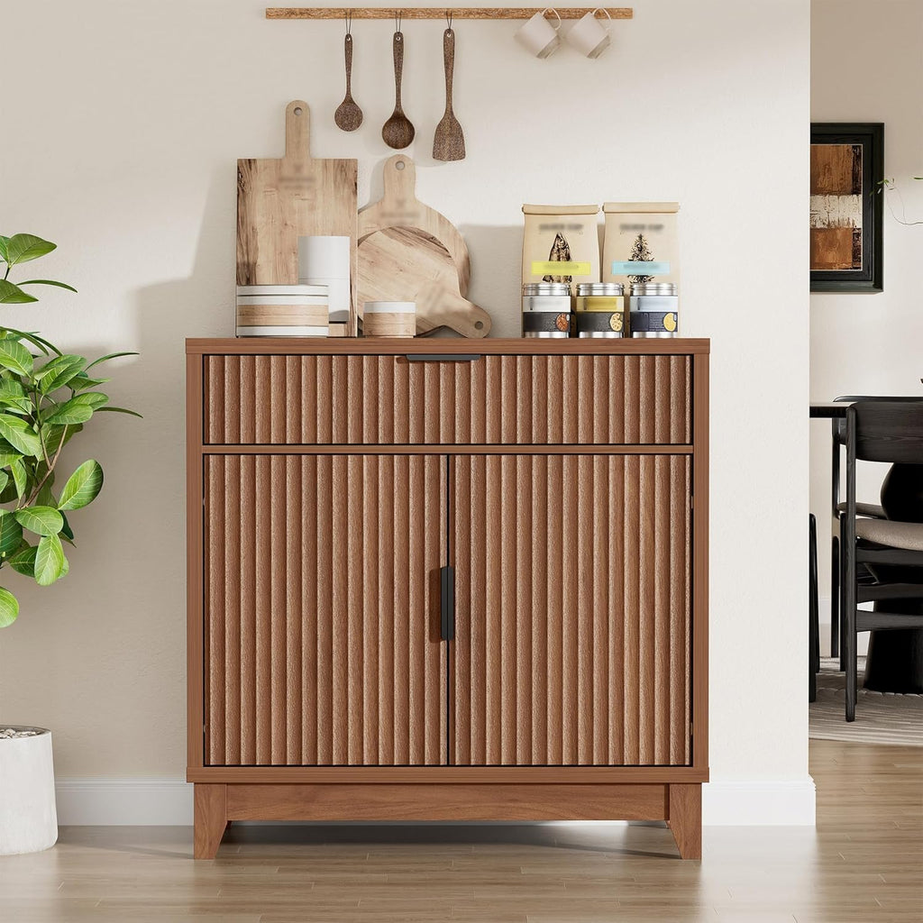 Vabches Fluted Sideboard Buffet Cabinet with Storage, 32" Coffee Bar Console Table with Drawer, Fluted Doors & Adjustable Shelf, Wood Small Buffet Cabinet for Living Room, Kitchen Dining Room, Brown