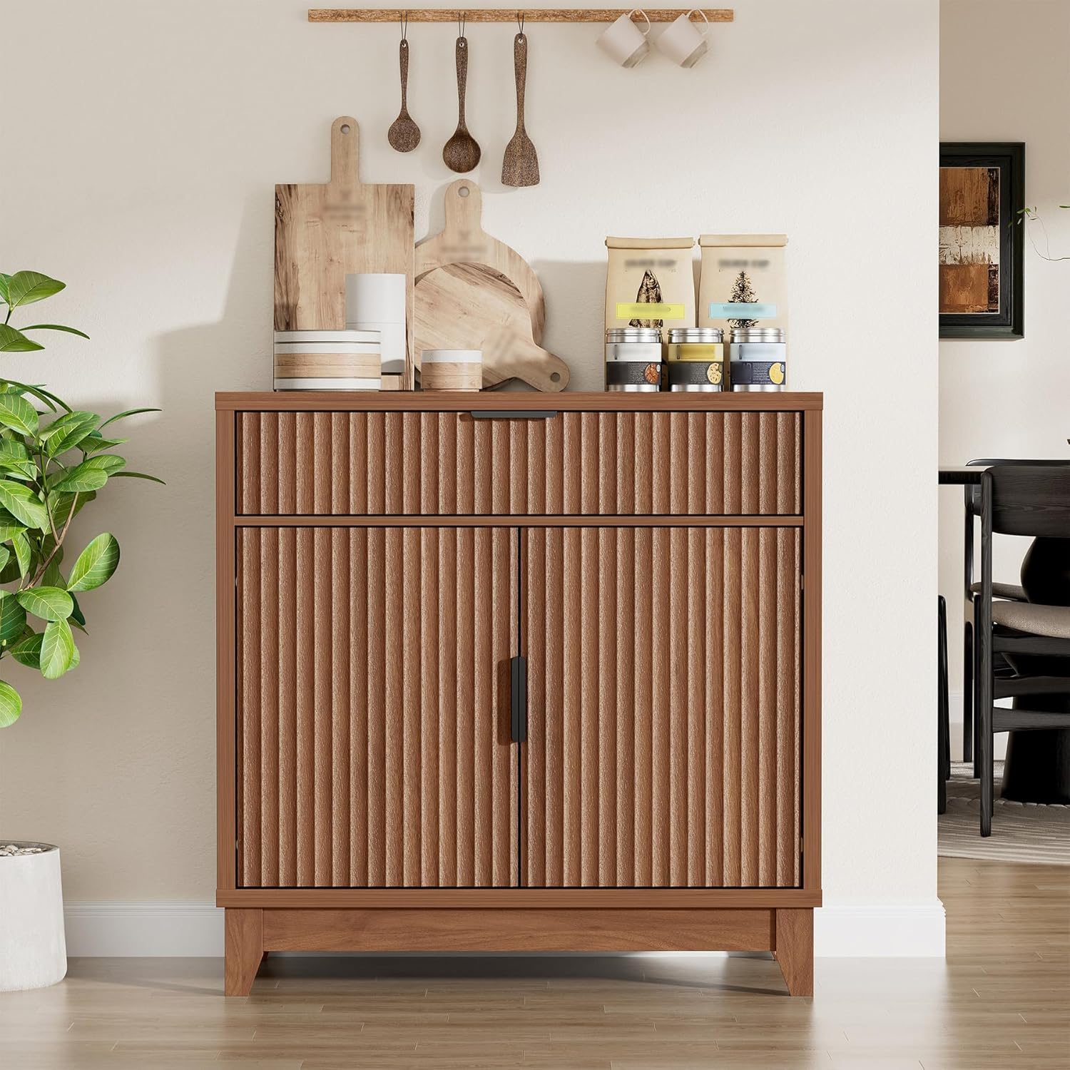 Vabches Fluted Sideboard Buffet Cabinet with Storage, 32" Coffee Bar Console Table with Drawer, Fluted Doors & Adjustable Shelf, Wood Small Buffet Cabinet for Living Room, Kitchen Dining Room, Brown