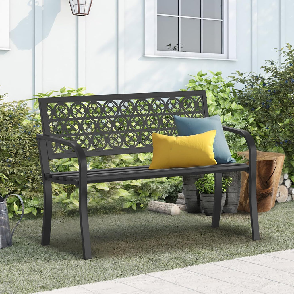 On Shine Outdoor Garden Bench Cast Iron Steel Outdoor Bench Clearance Weatherproof Metal Park Bench for Porch, Yard, Lawn, Deck (Four-Leaf Clover)