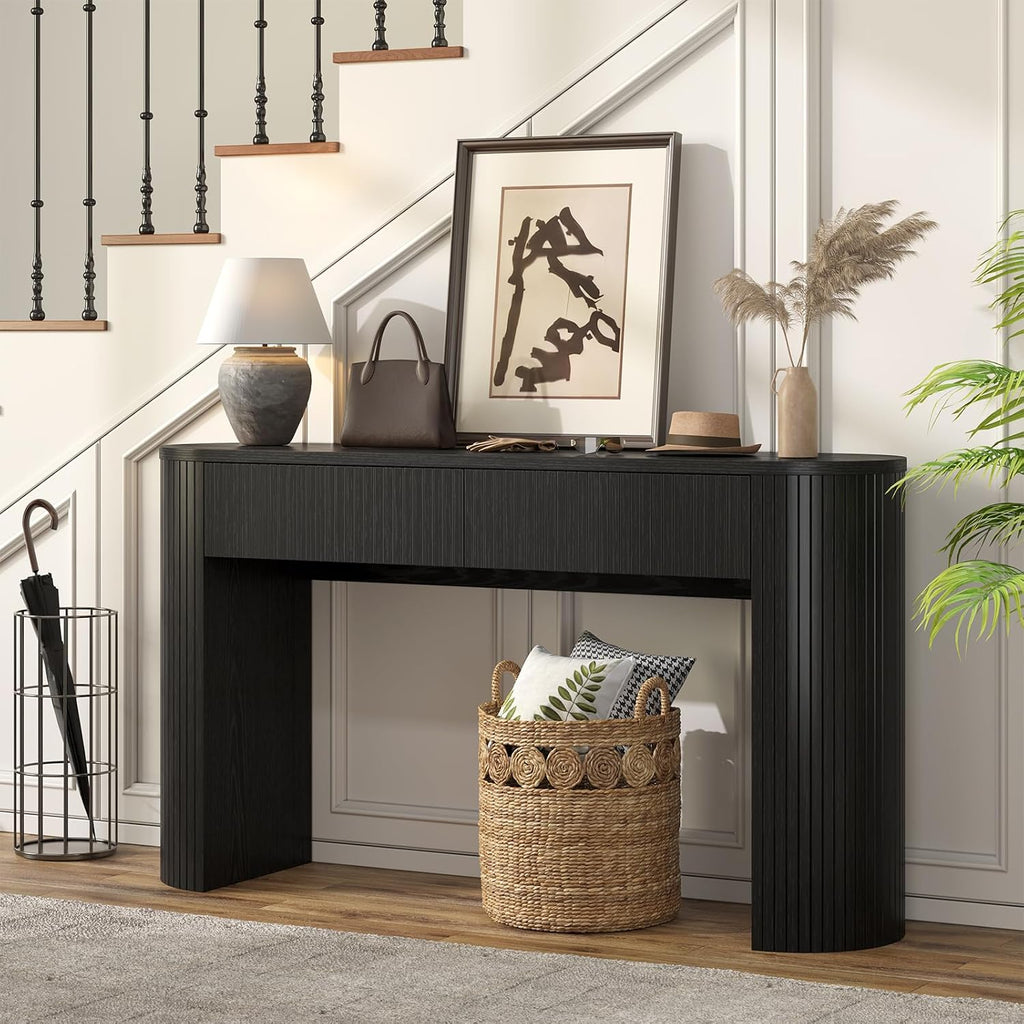 Entryway Table with Storage, Mid-Century Console Tables with 2 Drawers, Modern Fluted Sofa Table Behind The Couch, Foyer Tables for Entryway, Couch,Livingroom (Black, 55 Inches)