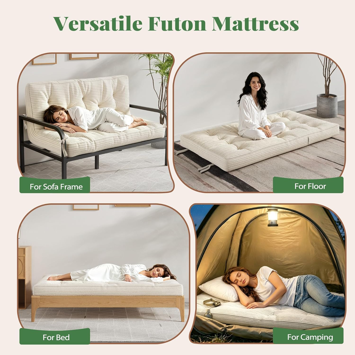6" Futon Mattress Queen Size, Corded Fabric Floor Mattress with Straps, Foldable Japanese Tatami Mattress, Portable Sleeping Pad for Camping Guest Room Dormitory (Frame Not Included), Beige