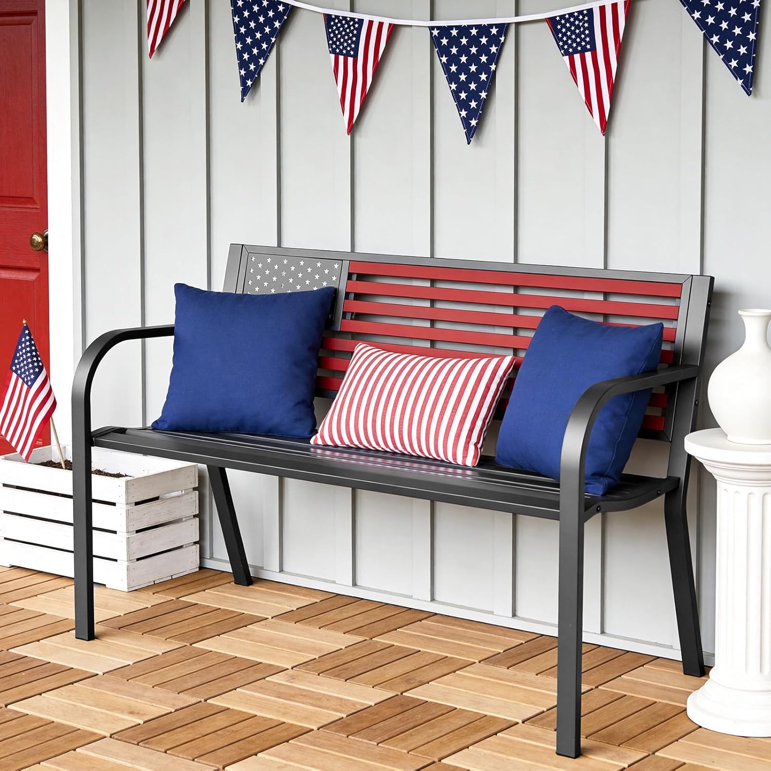 Outdoor Bench, Sturdy Metal Garden Bench with Classic Stars and Stripes Design Metal Backrest, 2-Person Patio Bench for Outside Seating, Cast Iron Steel Porch Yard Lawn Furniture, Red