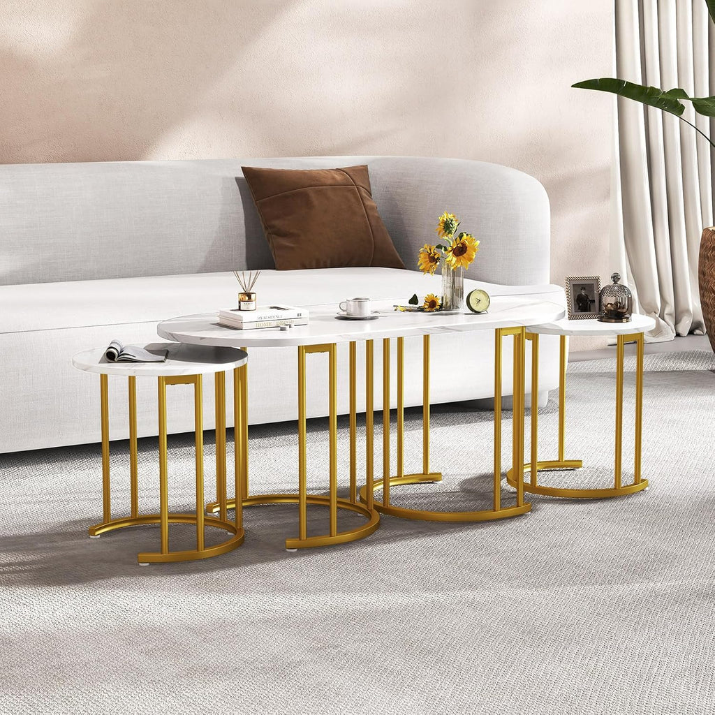 Giantex Nesting Coffee Table Set of 3, Stacking Side Tables with Faux Marble Tabletop & Gold Metal Frame, Oval Coffee Table & 2 Round End Tables, 3-Piece Modern Living Room Table Set for Apartment