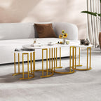 Giantex Nesting Coffee Table Set of 3, Stacking Side Tables with Faux Marble Tabletop & Gold Metal Frame, Oval Coffee Table & 2 Round End Tables, 3-Piece Modern Living Room Table Set for Apartment