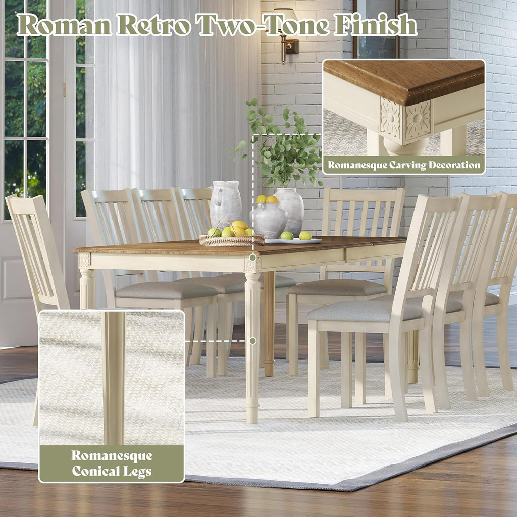 AMERLIFE 9-Piece Farmhouse Dining Table Set for 8, 79" Rectangular Kitchen Table with 8 Upholstered Chairs, Solid Rubberwood Frame, Roman Conical Legs, Rustic Cream