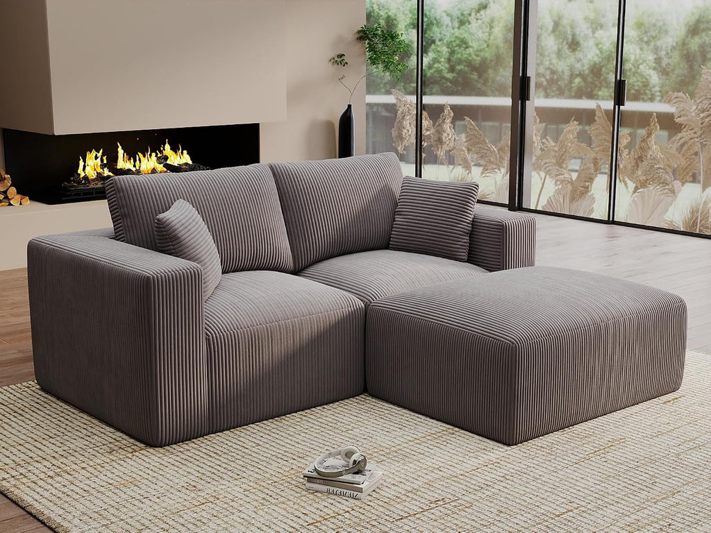 Modular Sleeper Sofa Couch Modern Sectional Couches for Living Room - 79" L-Shaped Boneless Cloud Couch - Easy Assembly Corduroy Convertible Sponge Compression Sofas with Chaise for Home House(Grey)