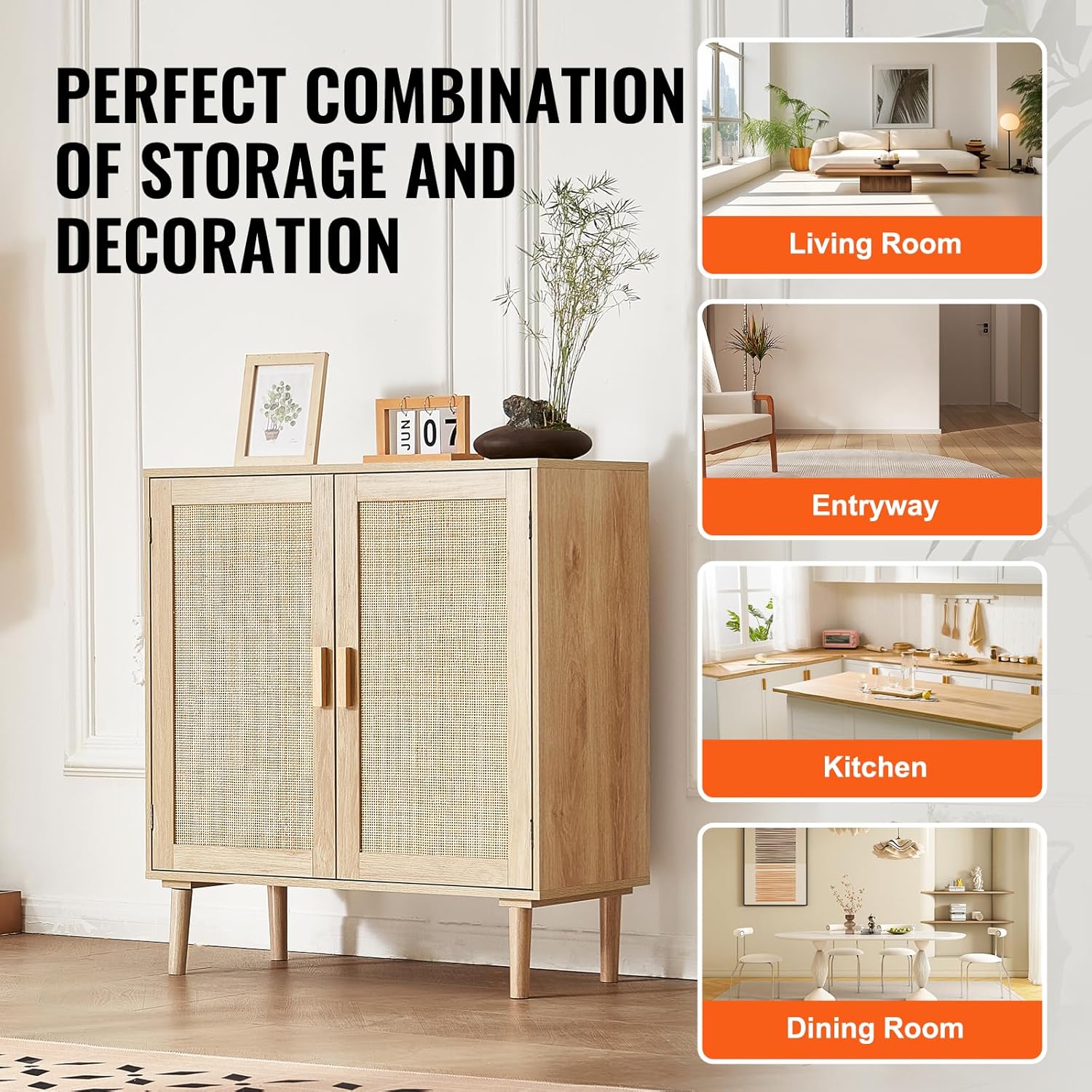 VEVOR Sideboard Cabinet, Buffet Cabinet with 2 Magnetic Doors and Adjustable Shelves, Sideboard Buffet for Hallway, Entryway, Living Room, or Kitchen, Natural