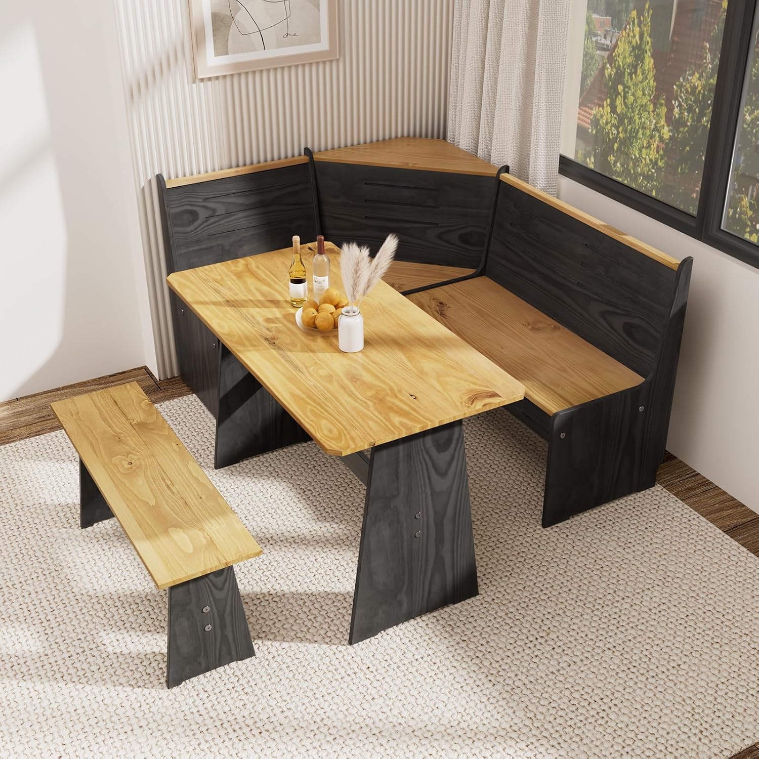 Breakfast Nook Dining Table Set – Black Corner Bench Dining Table, L Shaped Kitchen Nook Booth, Space-Saving Corner Dining Table Set for Kitchen, Apartment, Small Space