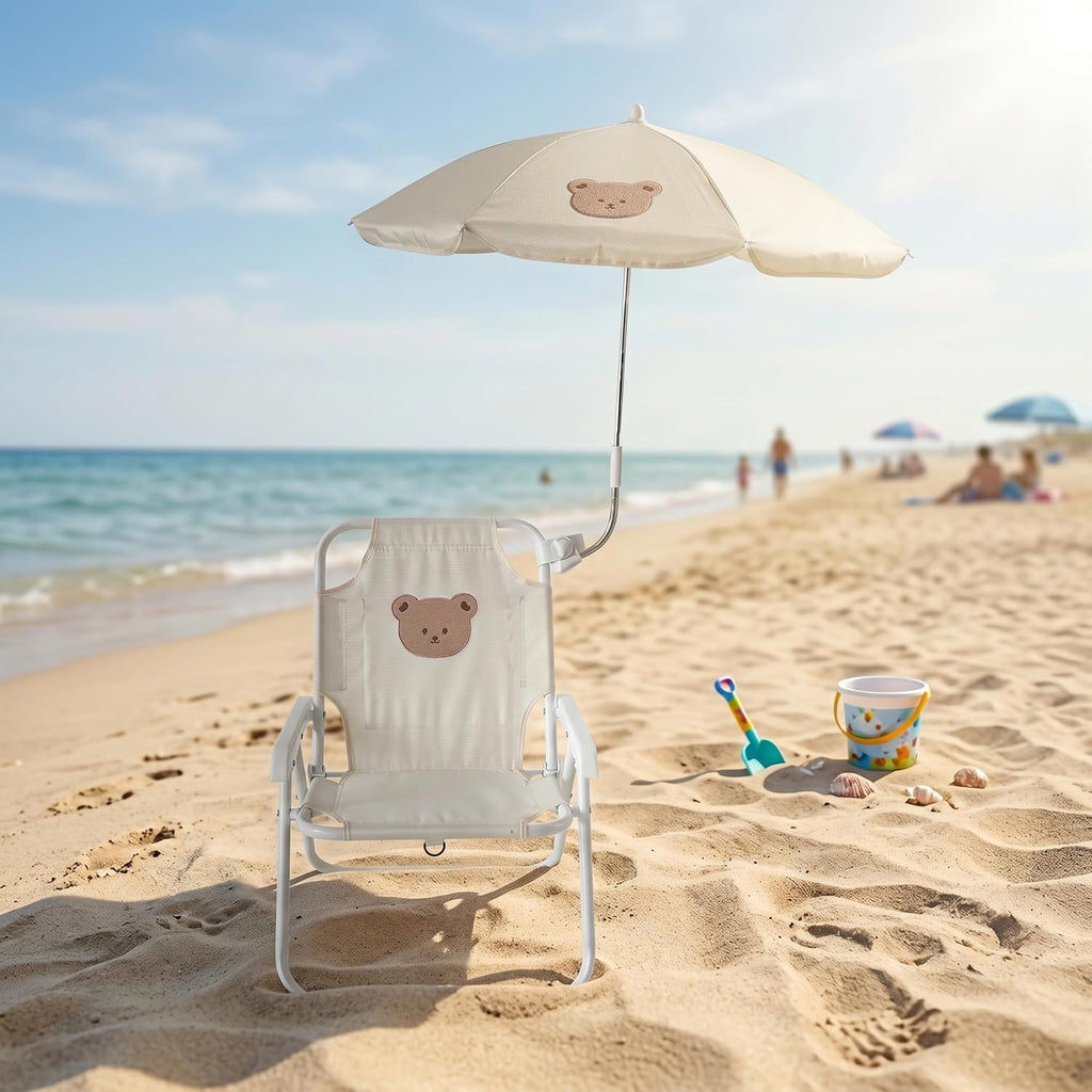 Kids Beach Chair with Umbrella, Foldable Toddler Chair with Sun Shade, Portable Beach Camping Pool Fishing, 37x30x50 cm, Bear Pattern