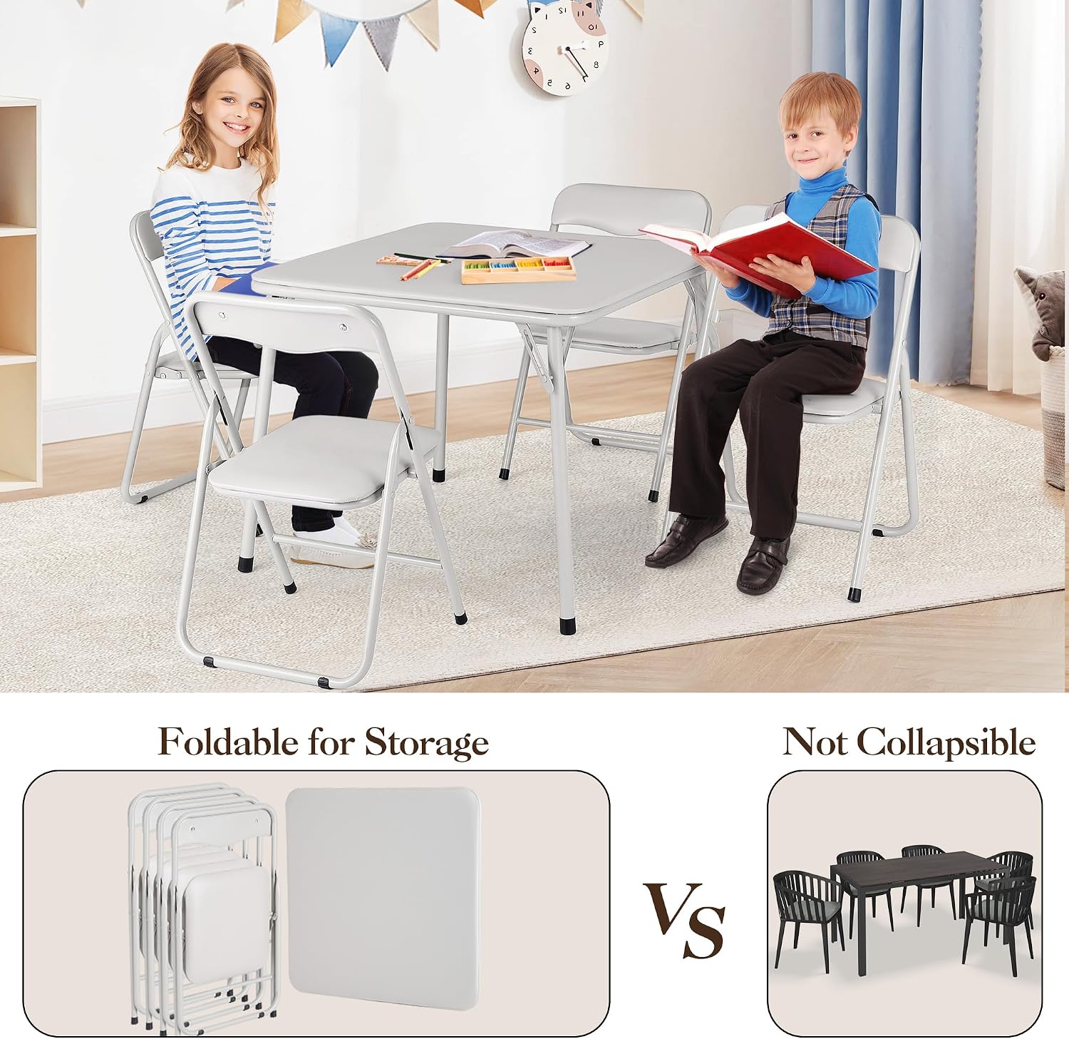 Metal Folding Card Table and Chair Set of, Leather Padded Folding Chairs with Comfortable Cushion and Durable Steel Frame, Modern Square Table for Dining Room, Small Spaces