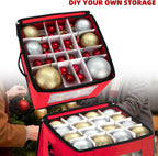 JY COOKMENT Christmas Ornament Storage Box with Adjustable Dividers, Premium Holiday Ornaments Storage Container Bin with Zippered Top for Xmas Decorations (64-3" Balls, Red, Without Tray)