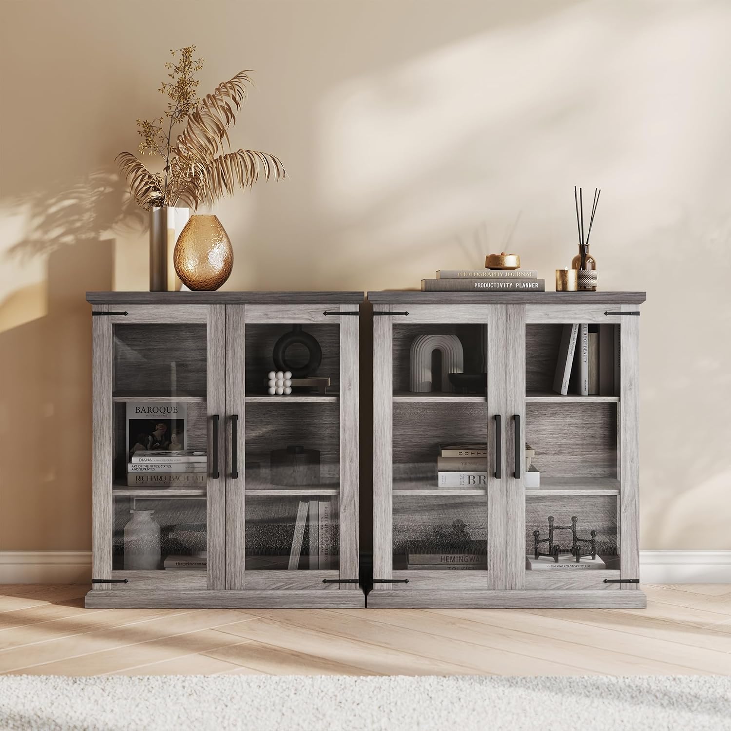 BELLEZE Set of 2 Glass Display Cabinet, 36" Tall Cabinet with Shelves and Glass Doors for Entryway, Living Room, Hallway, or Kitchen - Ashford (Gray Wash)