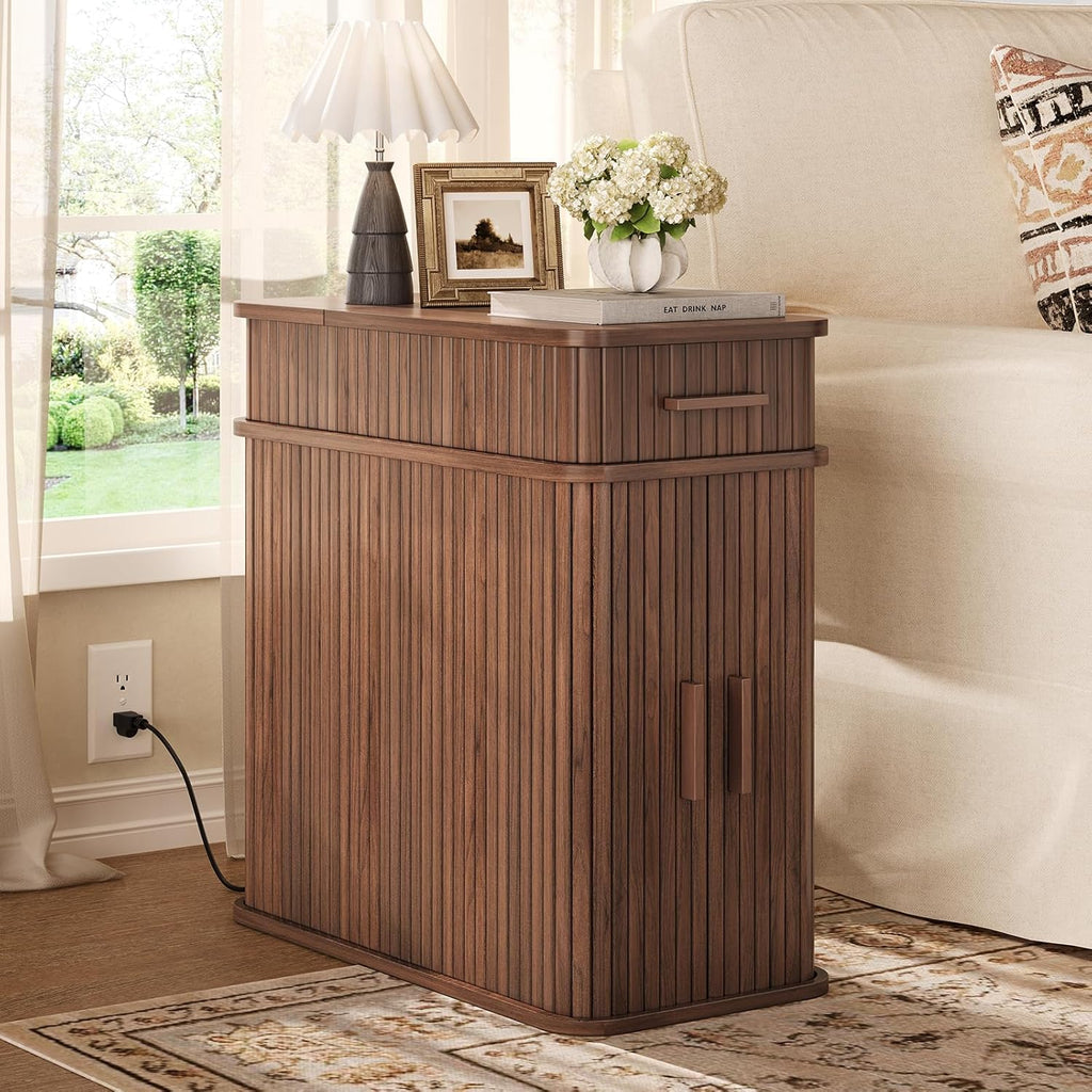 Fluted Narrow Side Table with Drawers, Mid Century Modern End Table with Charging Station, Small Couch Table for Living Room, Skinny Bedside Table Nightstand for Small Space Bedroom Walnut