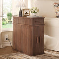 Fluted Narrow Side Table with Drawers, Mid Century Modern End Table with Charging Station, Small Couch Table for Living Room, Skinny Bedside Table Nightstand for Small Space Bedroom Walnut