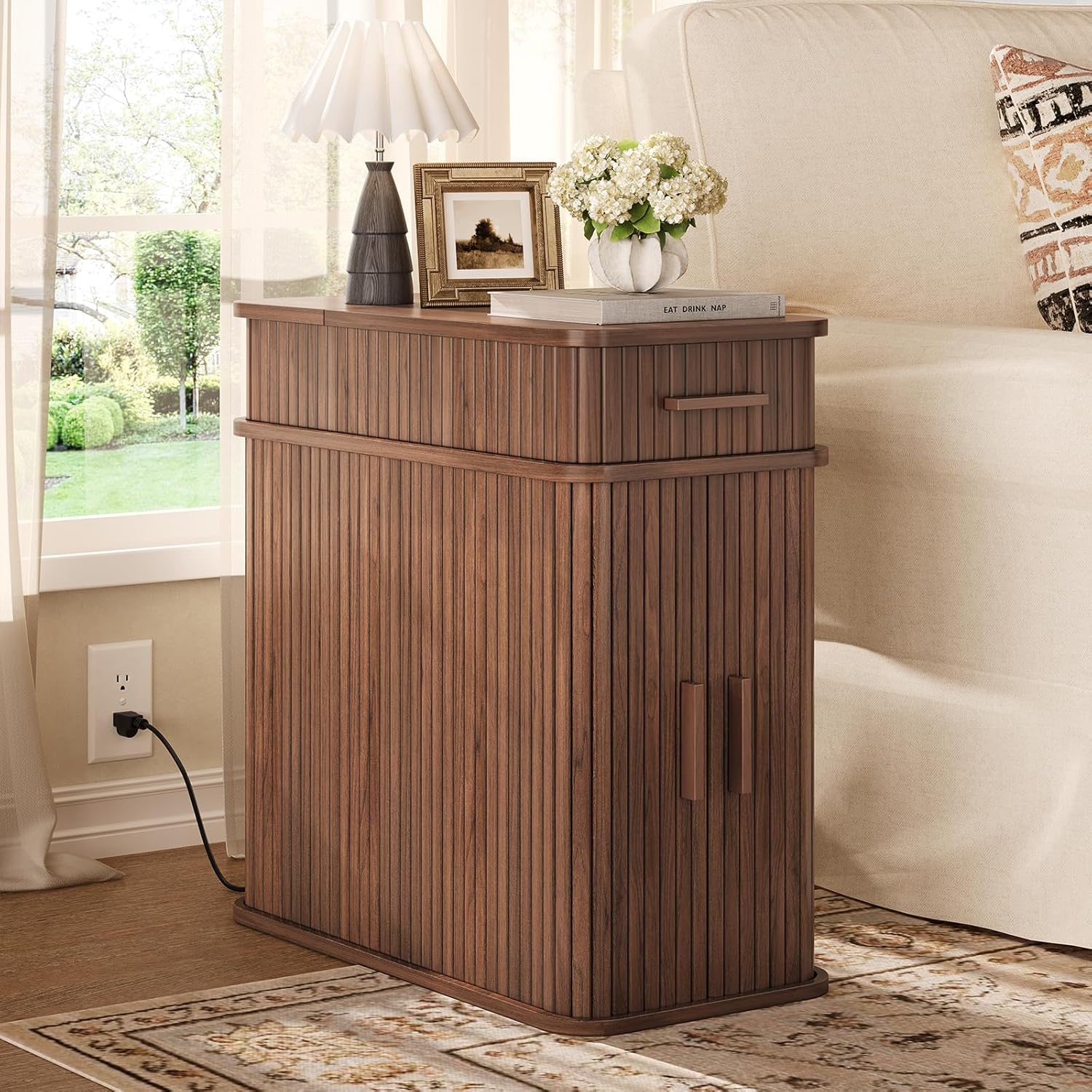 Fluted Narrow Side Table with Drawers, Mid Century Modern End Table with Charging Station, Small Couch Table for Living Room, Skinny Bedside Table Nightstand for Small Space Bedroom Walnut