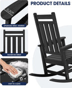 KINGYES Oversized Outdoor Rocking Chair Set of 2, All-Weather Patio Rocking Chairs for Porch, HDPE Outdoor Patio Recliner Rockers with High Back & Wide Seat for Garden, Lawn, Black