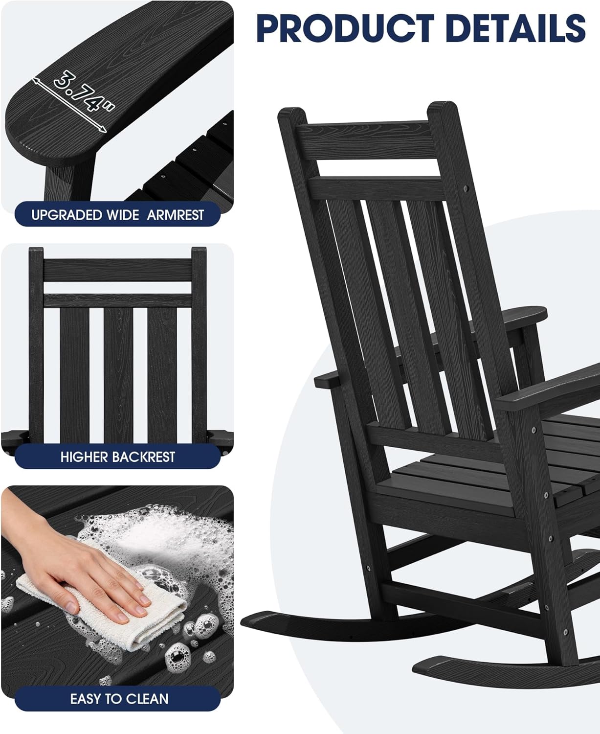 KINGYES Oversized Outdoor Rocking Chair Set of 2, All-Weather Patio Rocking Chairs for Porch, HDPE Outdoor Patio Recliner Rockers with High Back & Wide Seat for Garden, Lawn, Black