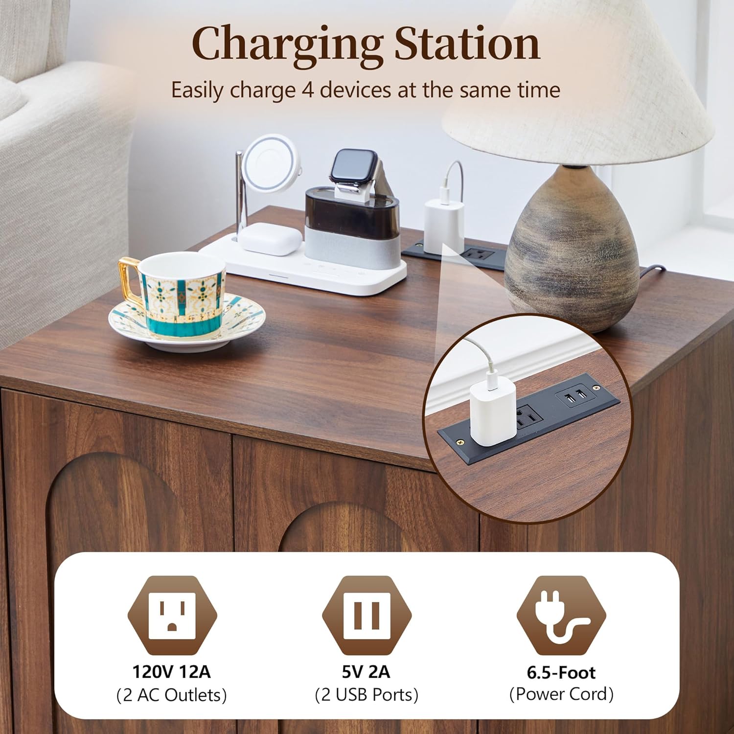 Bed Side Table with Charging Station, Mid Century Modern Nightstand with 2 Doors, Square End Table with Storage for Couch, Living Room, Small Spaces, Sofa Side Table for Office, Dorm, Walnut