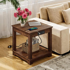 CHOEZON Farmhouse End Table with Charging Station, 2-Tier Large Side Table, Square Side Table, Nightstand, Fridge Stand, for Living Room, Bedroom, Kitchen, Walnut MBZ15UHT