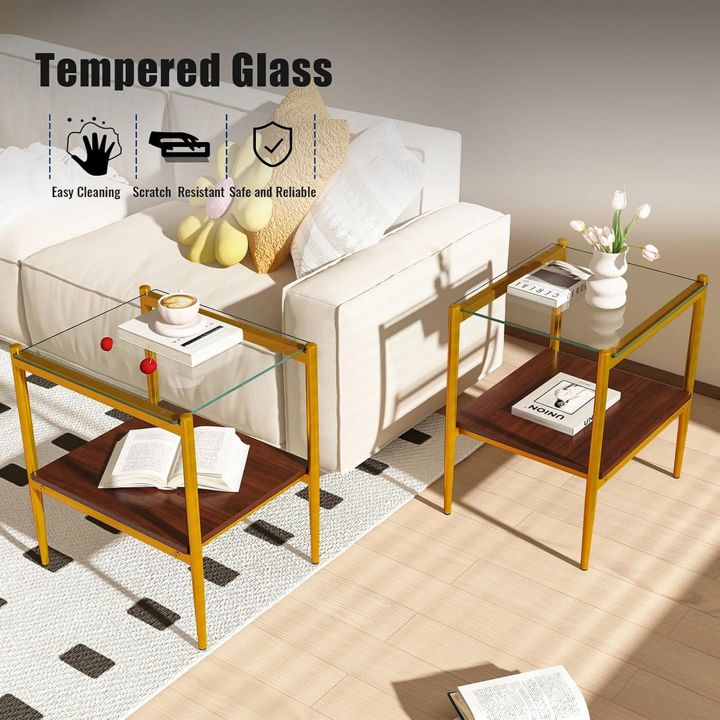 Modern Tempered Glass End Table, 19.1"L x 15.35"W Side Table with Sturdy Iron Legs & MDF Storage Shelf, Modern Table for Living Room, Bedroom, Small Spaces, Easy Assembly (Gold + Brown + Transparent)