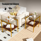 Modern Tempered Glass End Table, 19.1"L x 15.35"W Side Table with Sturdy Iron Legs & MDF Storage Shelf, Modern Table for Living Room, Bedroom, Small Spaces, Easy Assembly (Gold + Brown + Transparent)